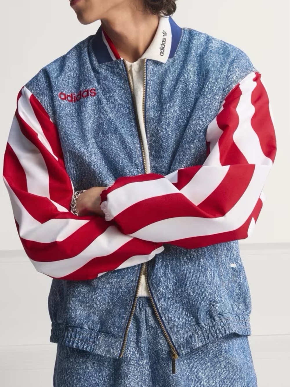 adidas DENIM GRAPHIC TRACK TOP with Red & White Striped Sleeves
